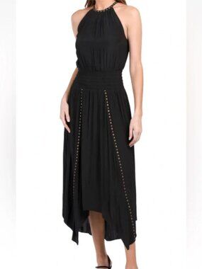 RAMY BROOK MELLY HALTER STUDDED SMOCKED WAIST ASYMMETRIC DRESS Small
